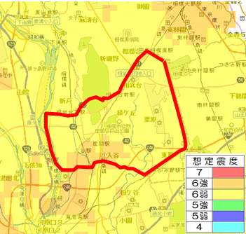 地図：都心南部直下地震　想定震度