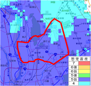 地図： 神奈川県西部地震　想定震度