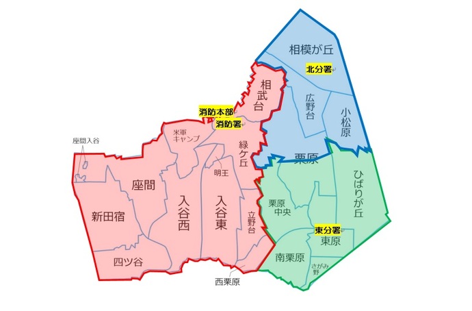 地図:消防本部・消防署の概略配置