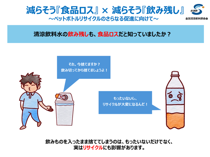 清涼飲料水の飲み残しも、食品ロスだと知っていましたか？　飲み物を入ったまま捨ててしまうのは、もったいないだけでなく、実はリサイクルにも影響があります。