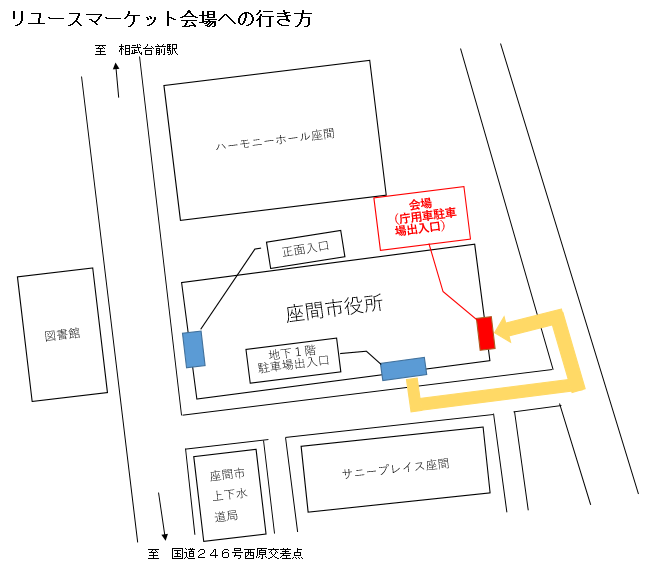 画像：市役所地下1階駐車場出入口左にまがり、突き当りを左に曲がると地下2階公用車駐車場出入口に到着する図