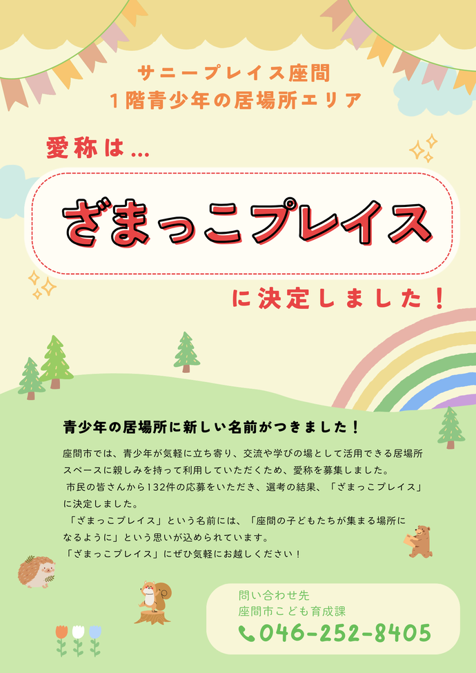 サニープレイス座間1階青少年の居場所エリアの愛称「ざまっこプレイス」決定のチラシ