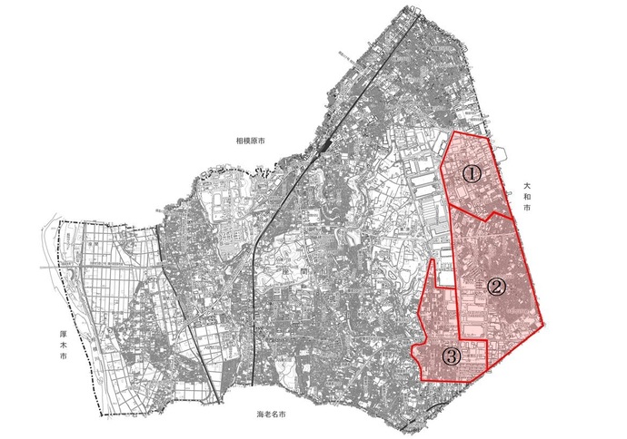 整備区域の（1）小松原、（2）ひばりが丘、（3）東原を示した座間市の地図