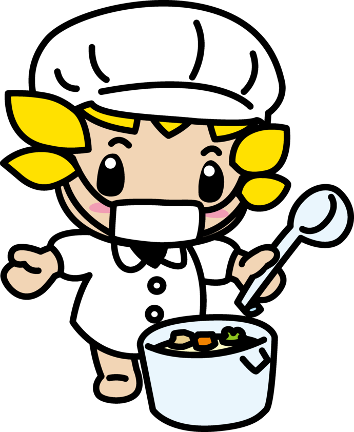 給食の白衣を着てシチューを配膳するざまりん（マスクあり）