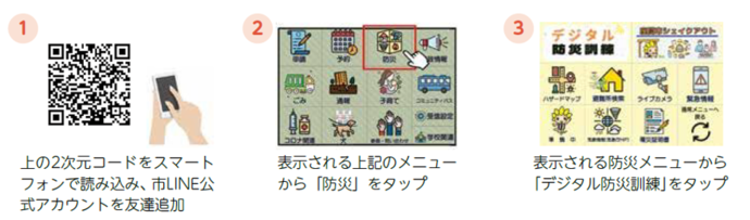 画像：デジタル防災訓練の参加方法（市LINE公式アカウントの「防災」を開き、「デジタル防災訓練」をタップ）