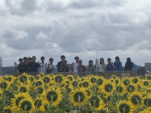 写真：国際親善大使がひまわり畑の展望台に乗りこちらを向いて写っている